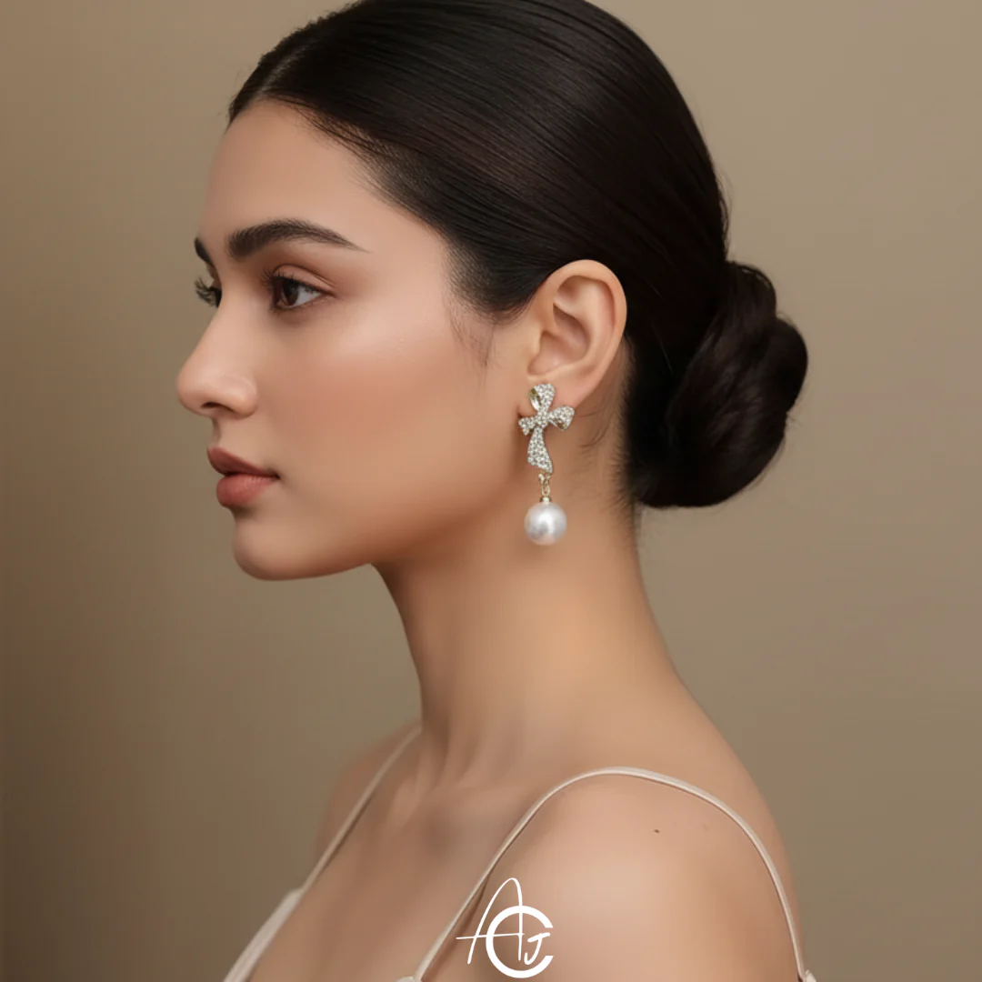 Bling Bow Drop Pearl Earrings - Image 2
