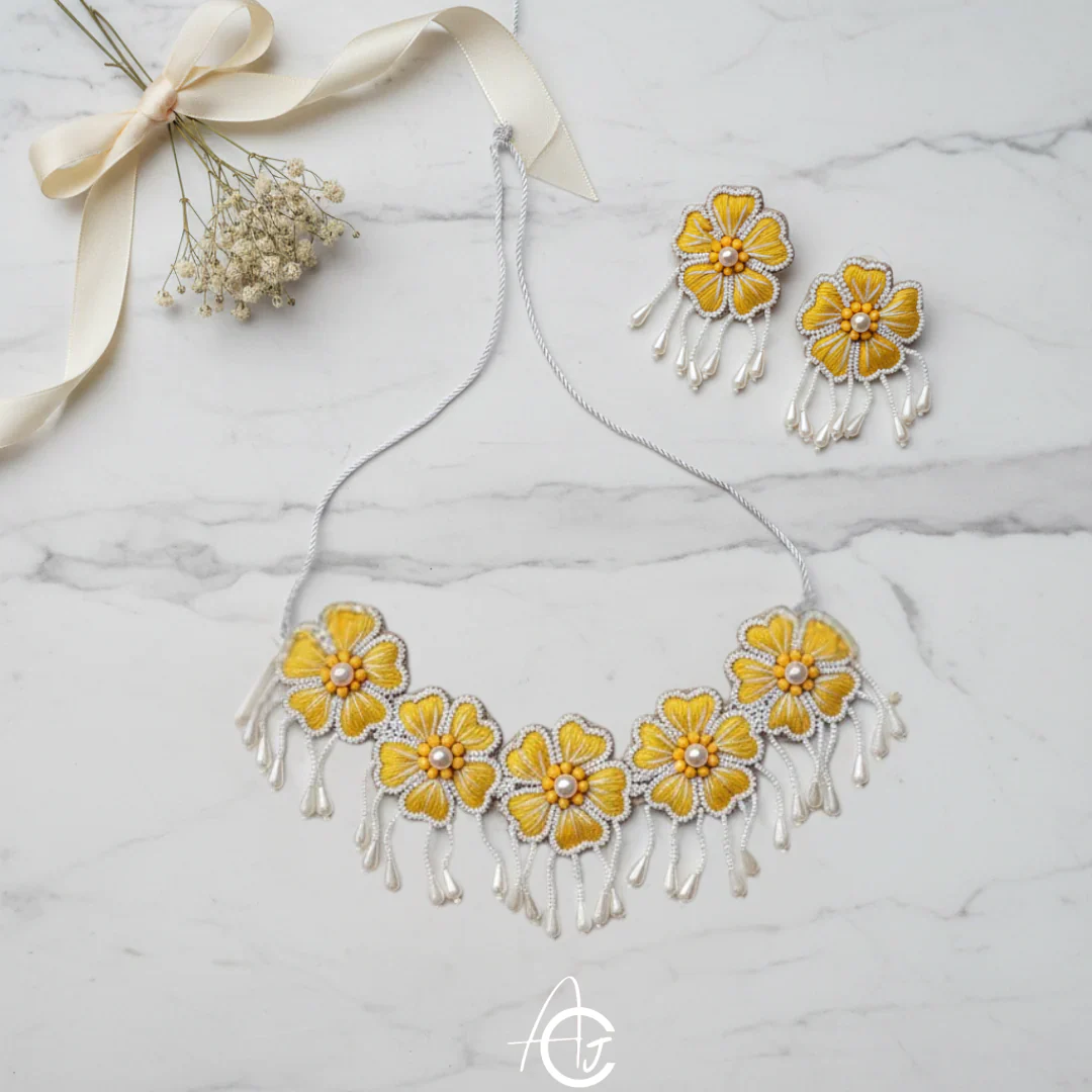 Embroidered Necklace Set with Mang Tika and Bracelet, Haldi Jewellery : Handmade - Image 7