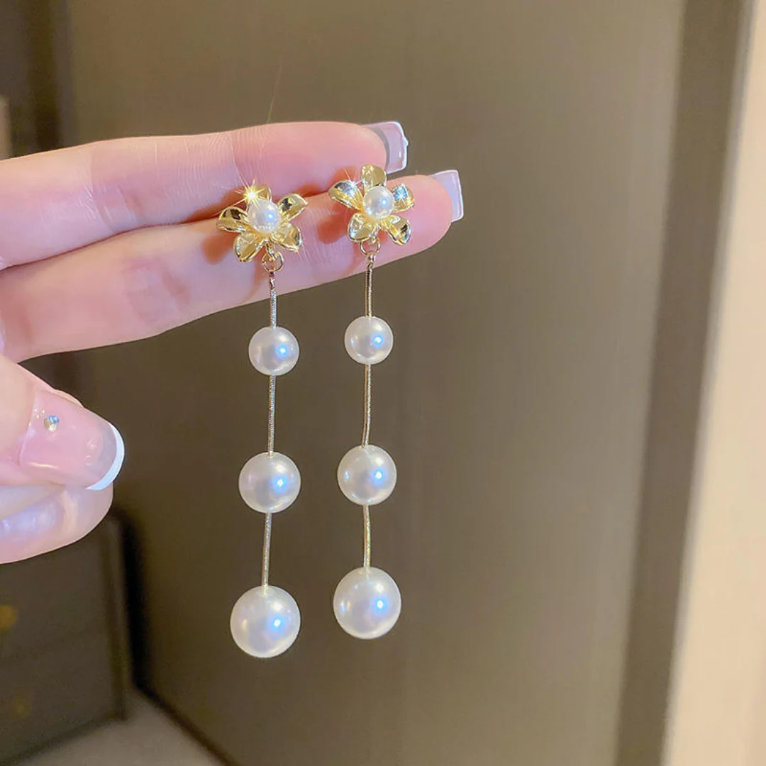 Flower And Pearl Drop Earrings - Image 3