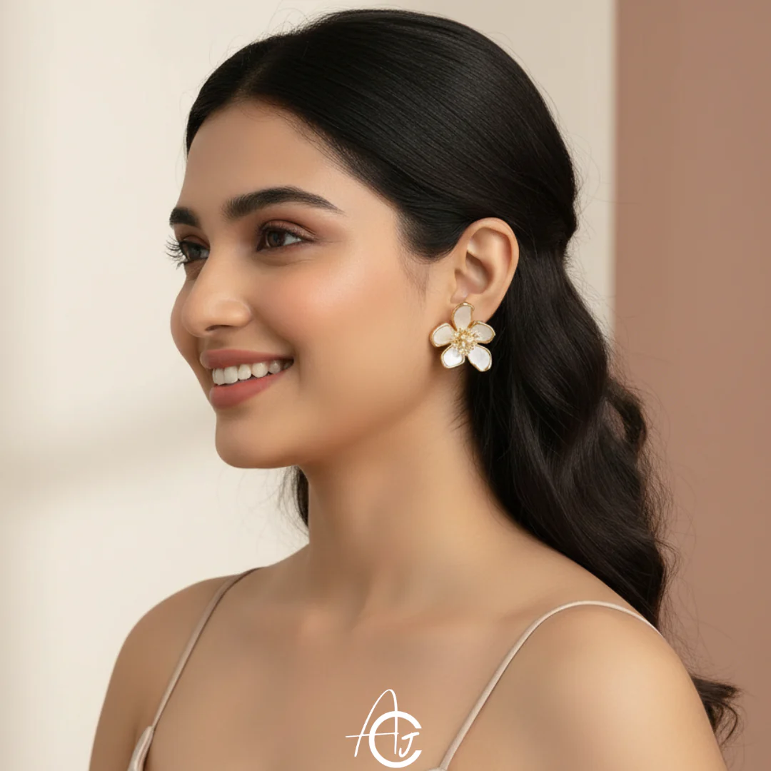 Flower Statement White Earrings - Image 4