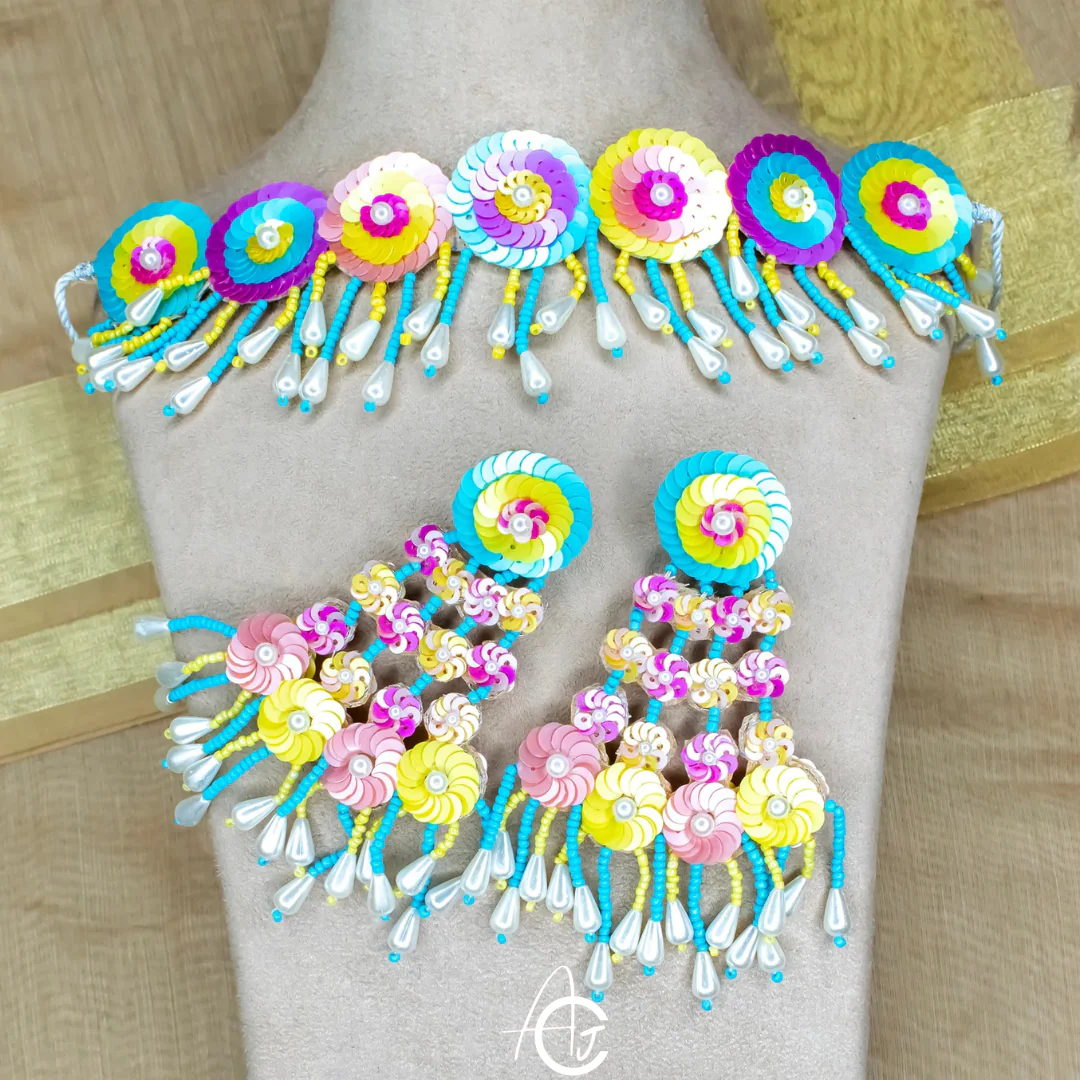 Beads Embroidered Necklace Set, Haldi Jewellery : Handmade - Image 7